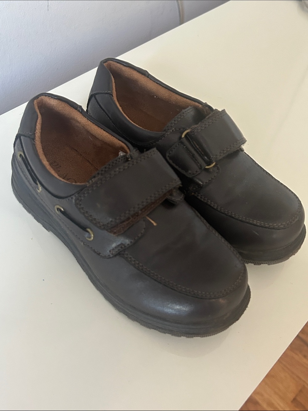 Boys Casual Leather Hook-and-Loop Shoes - Dark Brown size 13